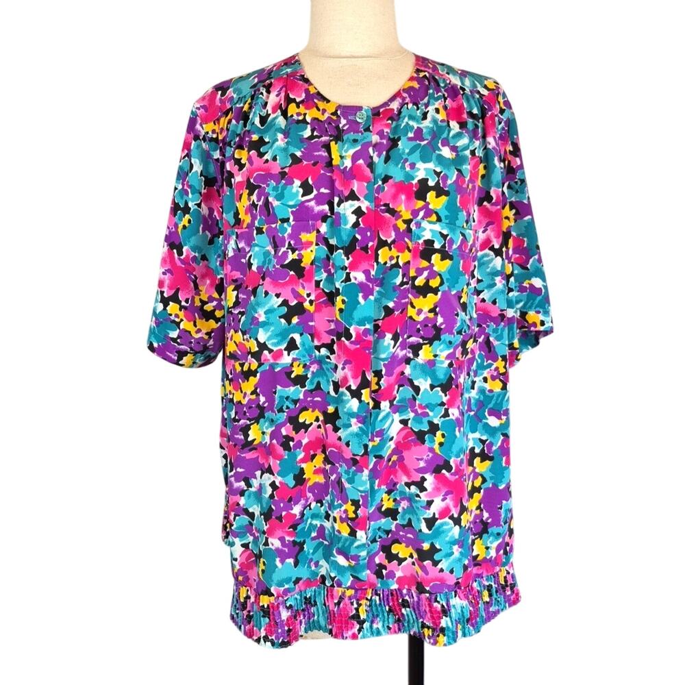 Alfred Dunner Shirt Womens Plus 42/22W Watercolor Colorful Floral Hidden Buttons